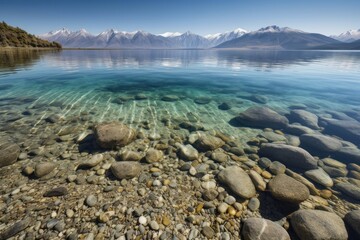 Wall Mural - crystal-clear lake, with view of towering mountain range in the background, created with generative ai