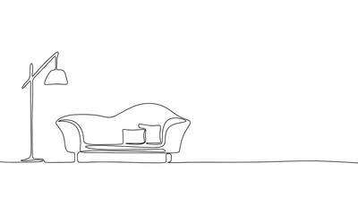 Wall Mural - Modern sofa and lamp, interior. Continuous line one drawing. Vector illustration. Simple line illustration.