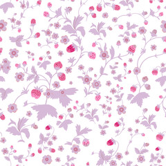 Wall Mural - Seamless pattern with strawberries and flowers, wild berries, leaves. Vector seamless texture illustration for summer cover, botanical wallpaper pattern, white background.