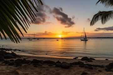 Wall Mural - exotic beach, with view of the sunset, and sailboats in the distance, created with generative ai