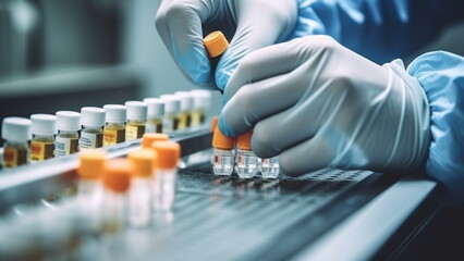 Hands with sanitary gloves examining Medical vials on a production line in a pharmaceutical factory with Generative AI.