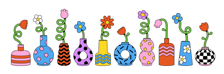 Wall Mural - cute cartoon flower and vase set. daisy floral organic form and other elements in trendy playful car