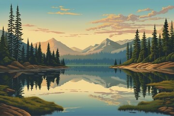 Wall Mural - a lake in the middle of a coniferous forest near the mountains. cloudy sky purity in nature. forest landscape, generative ai,