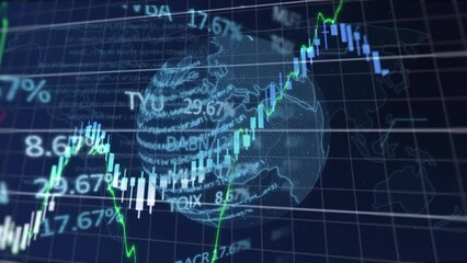 Poster - Animation of financial and stock market data processing against spinning globe and world map