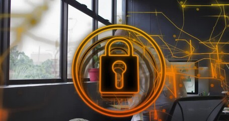 Poster - Animation of security padlock icon over biracial man in face mask looking out of window at office