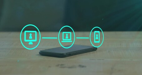 Poster - Animation of network of digital icons and light spot against close up of smartphone on wooden table