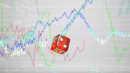 Poster - Animation of financial data processing over red dice falling against grey background