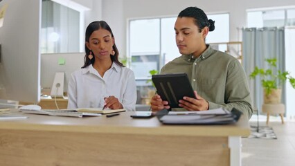 Poster - Team work, speaking or business people with tablet planning for problem solving or online project strategy. Digital research, ideas or employees working on innovation, vision or solutions together