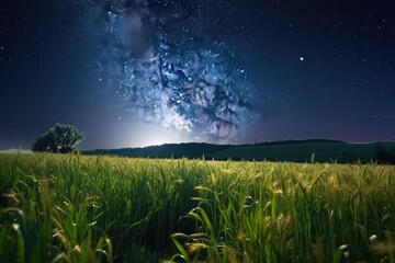 Wall Mural - magical night sky, with full moon and stars shining down, above growing harvest, created with genera