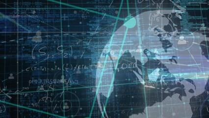Poster - Animation of mathematical equations, network of profile icons and spinning globe on blue background