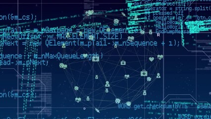 Poster - Animation of spinning globe of medical icons and data processing against blue background