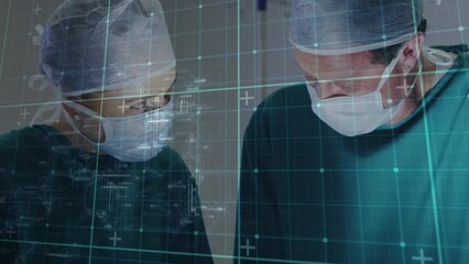 Poster - Animation of grid network over caucasian male and female surgeon discussing at hospital