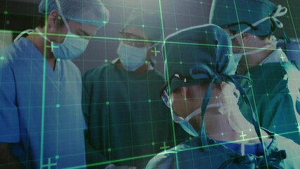 Poster - Animation of grid network over team of diverse surgeons discussing in operation theatre at hospital