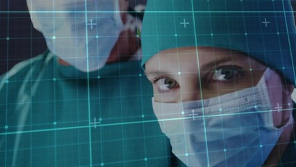 Poster - Animation of grid network over close up of caucasian female surgeon in operation theatre at hospital