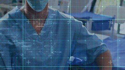 Poster - Animation of grid network over close up of caucasian female surgeon in surgical mask at hospital