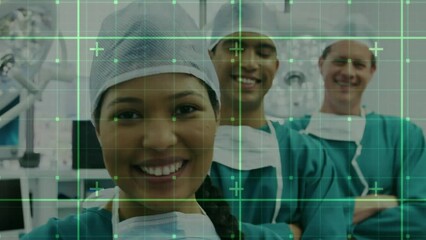 Poster - Animation of grid network over team of diverse surgeons smiling in operation theatre at hospital