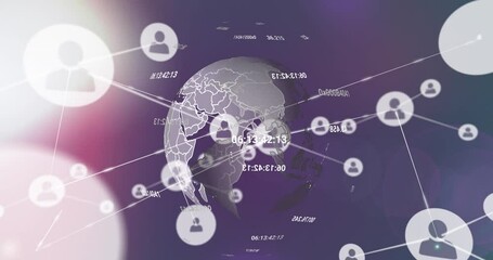 Poster - Animation of network of profile icons over spinning globe and colorful spots of light