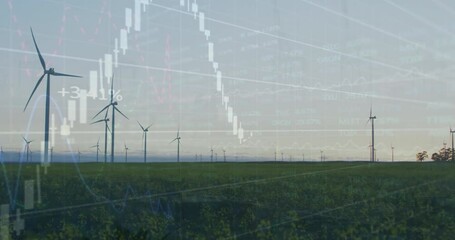 Poster - Animation of financial and stock market data processing against spinning windmills on grassland