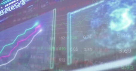 Poster - Animation of graphs and trading board over globes and computer language against abstract background