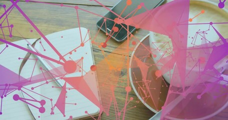 Poster - Animation of plexus networks against close up of smartphone, coffee cup and diary on wooden surface