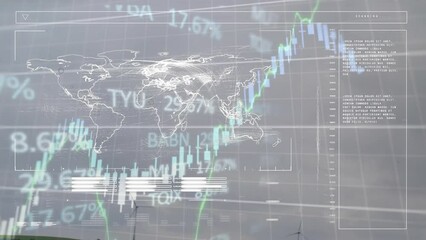 Poster - Animation of interface with financial and stock market data processing against spinning windmills