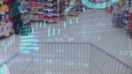 Poster - Animation of statistical and stock market data processing against shopping cart at a supermarket