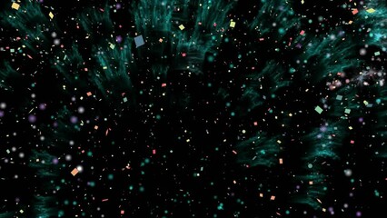 Poster - Animation of confetti and multi coloured spots on black background