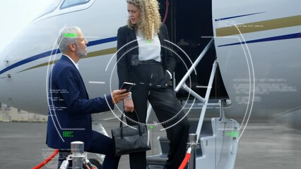 Poster - Animation of data processing over caucasian business people by plane
