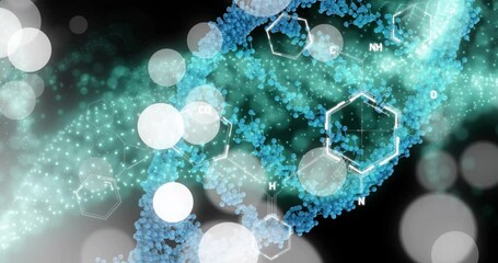 Sticker - Animation of dots forming dna helixes over molecule structures and lens flares on black background