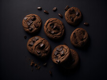 Chocolate Chip Cookies With Chocolate Chips On Black Background. AI Generated.