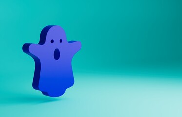 Wall Mural - Blue Ghost icon isolated on blue background. Happy Halloween party. Minimalism concept. 3D render illustration