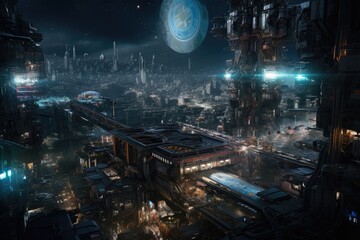 Wall Mural - nighttime view of bustling galactic city, with countless lights shining from buildings and spacecraft, created with generative ai