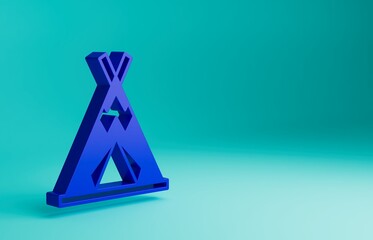 Poster - Blue Traditional indian teepee or wigwam icon isolated on blue background. Indian tent. Minimalism concept. 3D render illustration