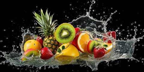 Various Fruit with Water Splash on Dark Background, Healthy fruits Rich in Vitamins. Generative Ai