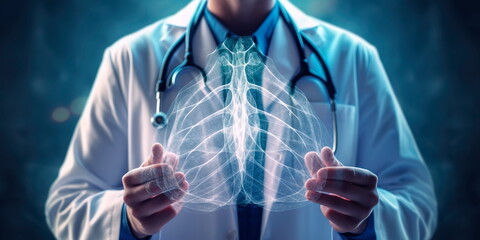 doctor or healthcare professional wearing a white coat and holding a stethoscope, surrounded by lung x-rays showing signs of tuberculosis. Generative AI