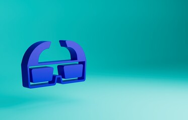 Sticker - Blue 3D cinema glasses icon isolated on blue background. Minimalism concept. 3D render illustration