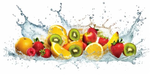 Wall Mural - Fruit with Water Splash on White Background, Healthy fruits Rich in Vitamins. Generative Ai