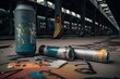 spray paint canister on the ground, with graffiti sprayer artist working nearby, created with generative ai