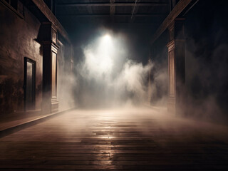 Wall Mural - Wood podium dark stage transformed with mist, fog, and brown spotlights, perfect for showcasing artistic for product display showcase. Generative Ai.