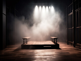 Wall Mural - Wood podium dark stage transformed with mist, fog, and brown spotlights, perfect for showcasing artistic for product display showcase. Generative Ai.