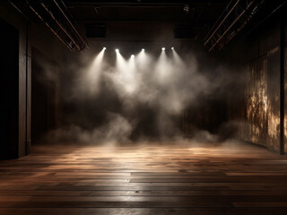 Wall Mural - Wood podium dark stage transformed with mist, fog, and brown spotlights, perfect for showcasing artistic for product display showcase. Generative Ai.