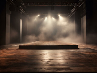 Wall Mural - Wood podium dark stage transformed with mist, fog, and brown spotlights, perfect for showcasing artistic for product display showcase. Generative Ai.