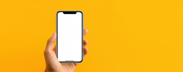 Hand holding smartphone isolated on yellow background. Generative AI