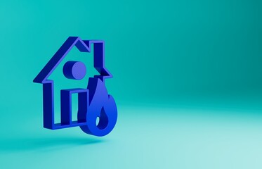 Sticker - Blue Fire in burning house icon isolated on blue background. Minimalism concept. 3D render illustration