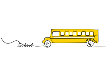 Wall Mural - School bus - School education object, one line drawing continuous design, vector illustration.