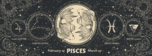 Pisces Zodiac Sign, Graphic Modern Astrology Banner On Vintage Black Background With Sun And Moon. Realistic Vector Hand Drawing, Horoscope Card, Water Element.