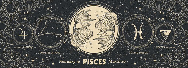 Wall Mural - Pisces zodiac sign, graphic modern astrology banner on vintage black background with sun and moon. Realistic vector hand drawing, horoscope card, water element.