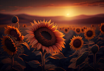 Wall Mural - Sunflower field at sunset. Beautiful landscape with sunflowers. generative ai