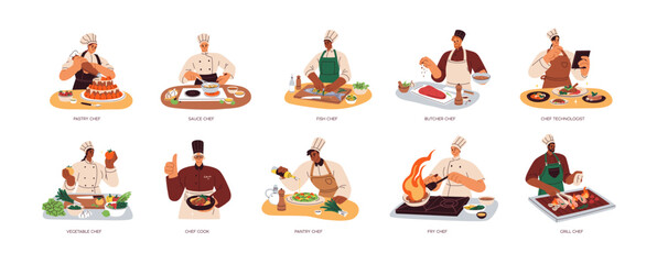 Meat, fish, vegetable and sauces chefs at work in restaurant. Professional cooks, culinary workers preparing, cooking different dishes at kitchen. Flat vector illustration isolated on white background