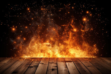 Wall Mural - Rough wooden floor and blazing flames on the background. Creative background generated by Ai